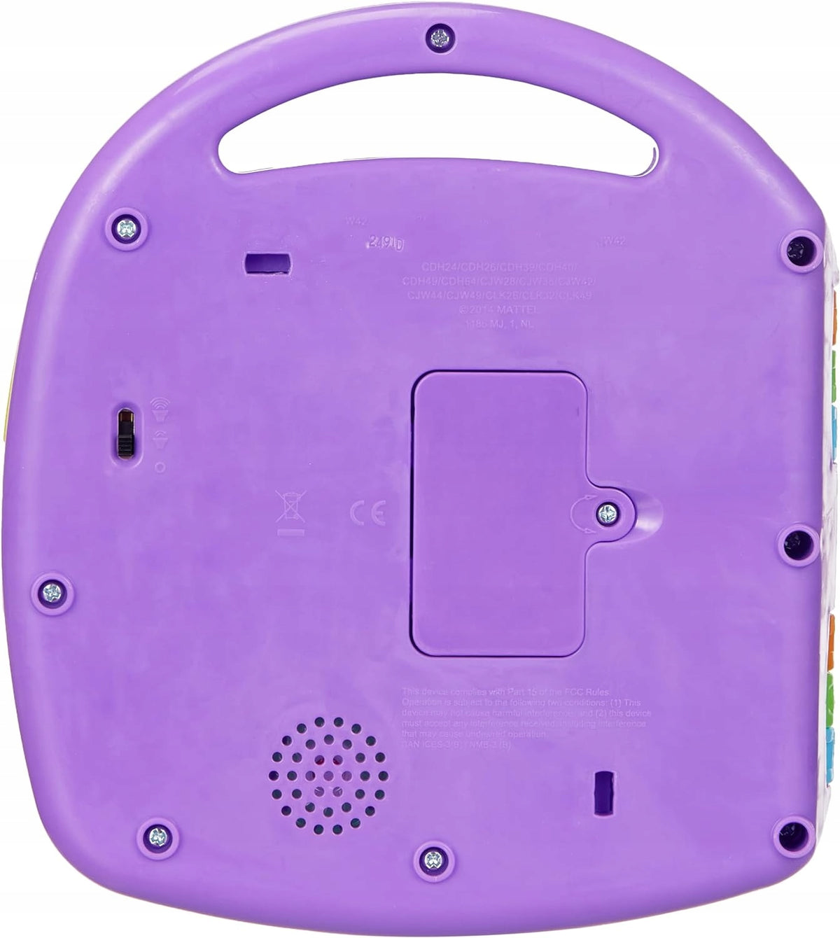 FISHER-PRICE CDH39 elektroniczna książeczka edukacyjna JĘZYK FRANCUSKI, fioletowy tył zabawki