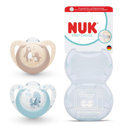 NUK First Choice smoczek uspokajający silikonowy x2 0-6m z etui, misia i konika morskiego
