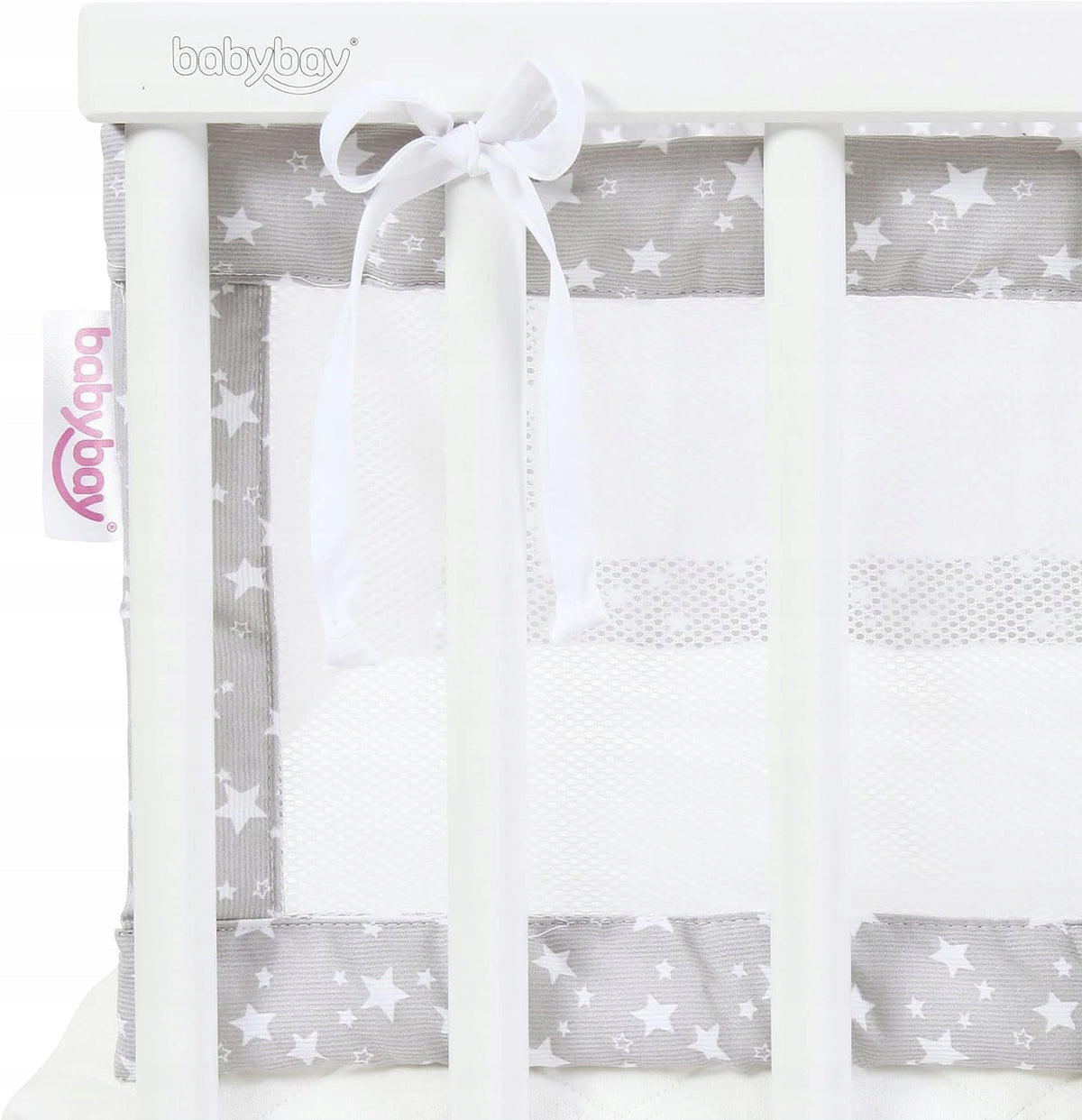 BABYBAY ochraniacz do łóżeczka 149x24 z przewiewną siatką i wzorem gwiazdek, zapewniający bezpieczeństwo niemowlęcia