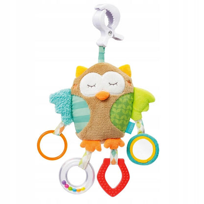 FEHN Śpiący Las zawieszka z grzechotką i chwytakiem do wózka, fotelika – pluszowa sowa z gryzakiem i lusterkiem