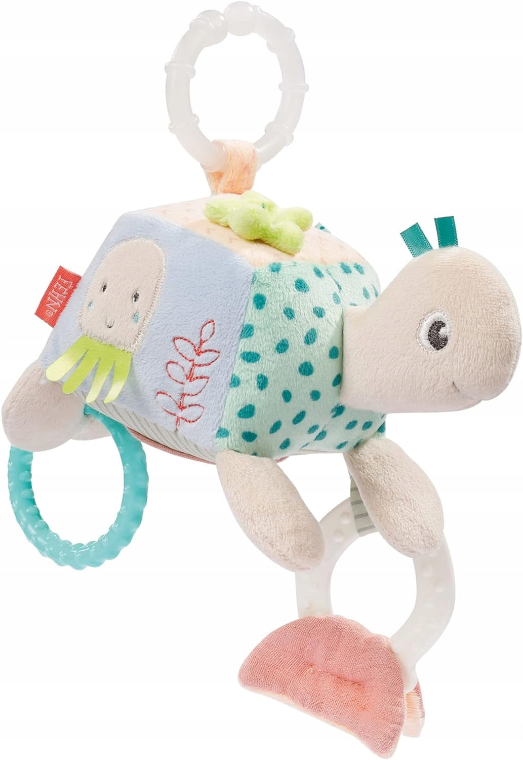 FEHN zawieszka z grzechotką ŻÓŁW 18X17 cm, kolorowa zabawka sensoryczna z gryzakami i dźwiękami dla niemowląt