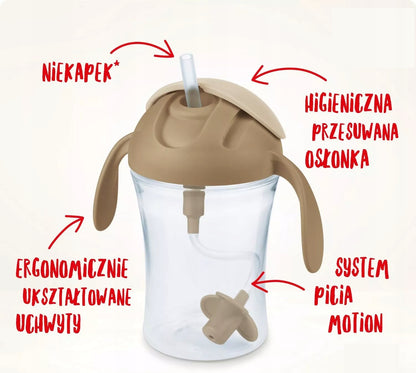 NUK Motion Cup NIEKAPEK z elastyczną słomką 8 m+ z przesuwaną osłonką i ergonomicznymi uchwytami
