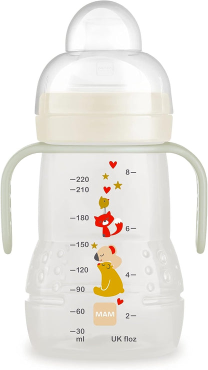 MAM Trainer Night vaso antigoteo 2 boquillas y asas luminosas 220 ml 4 m+