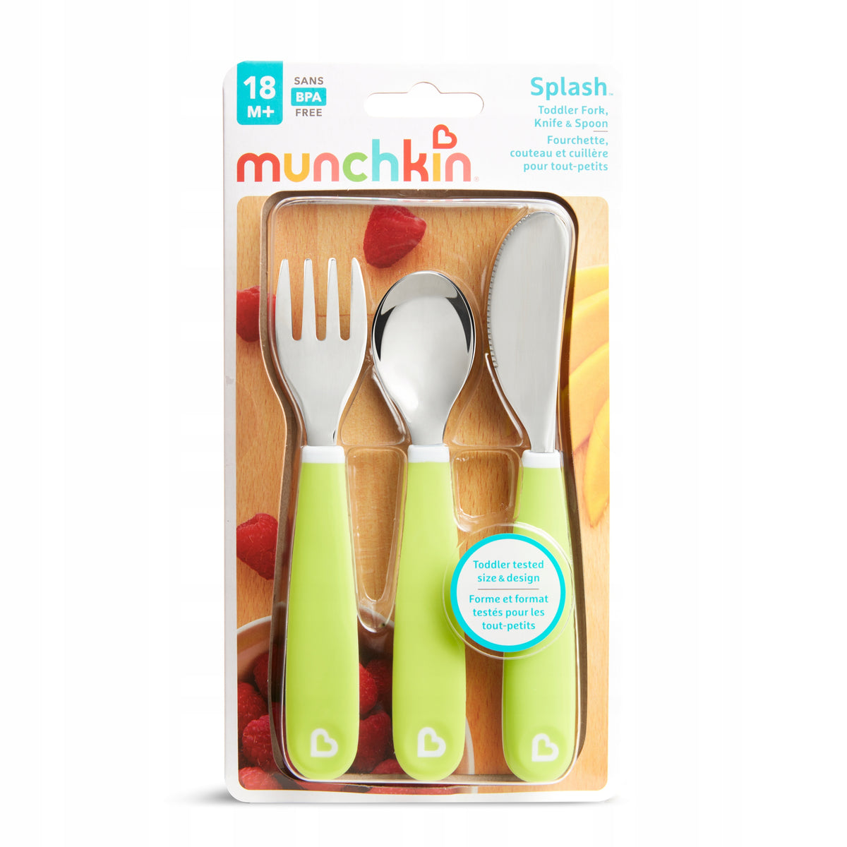 MUNCHKIN Splash zestaw sztućców 18msc+ ze stali nierdzewnej, wolny od BPA, zielone uchwyty