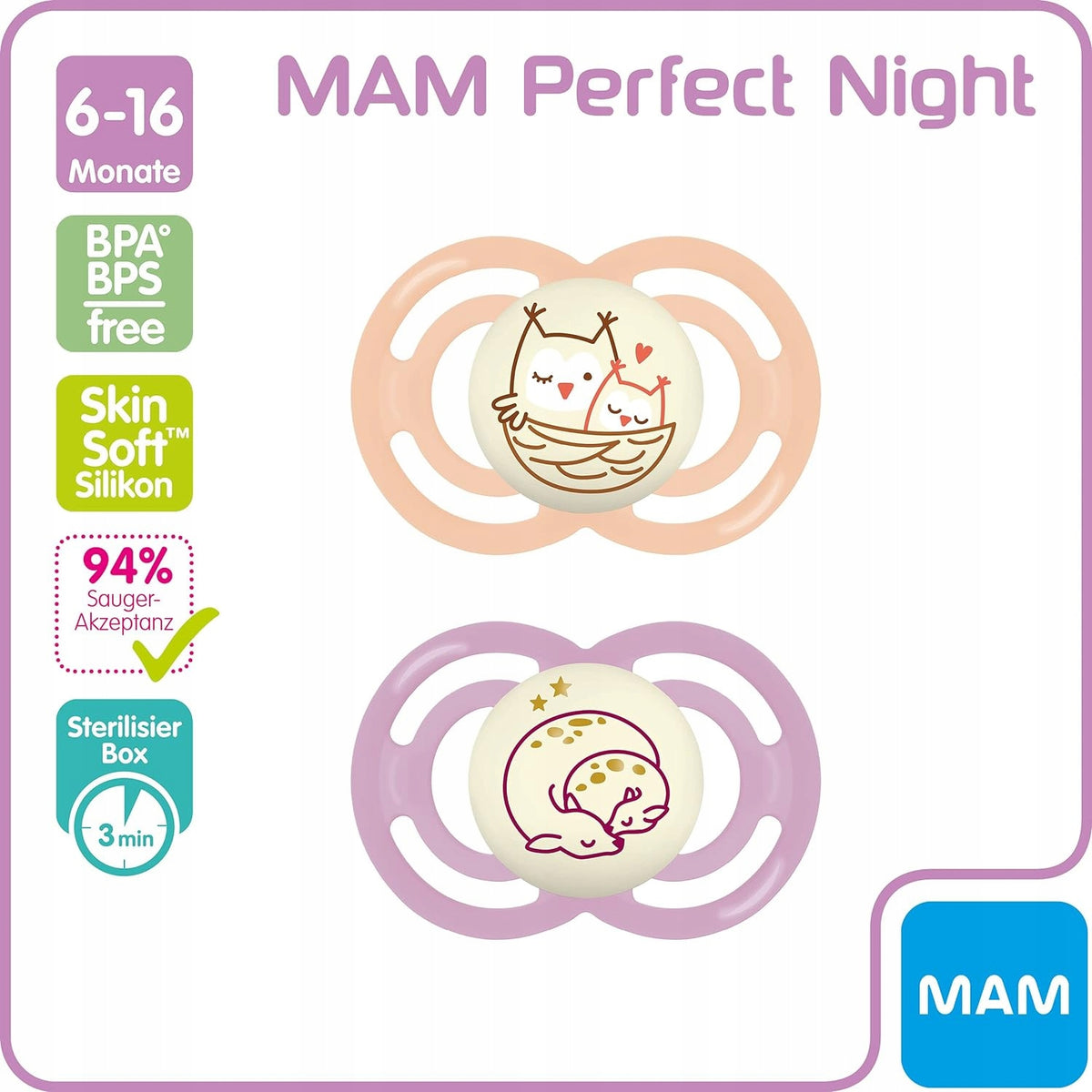 MAM Perfect Night succhietto calmante x2 6-18 mesi + box