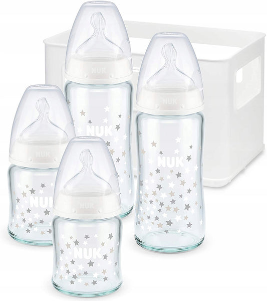 NUK First Choice+ zestaw startowy 4 SZKLANE butelki + koszyk organizer 0-6 m