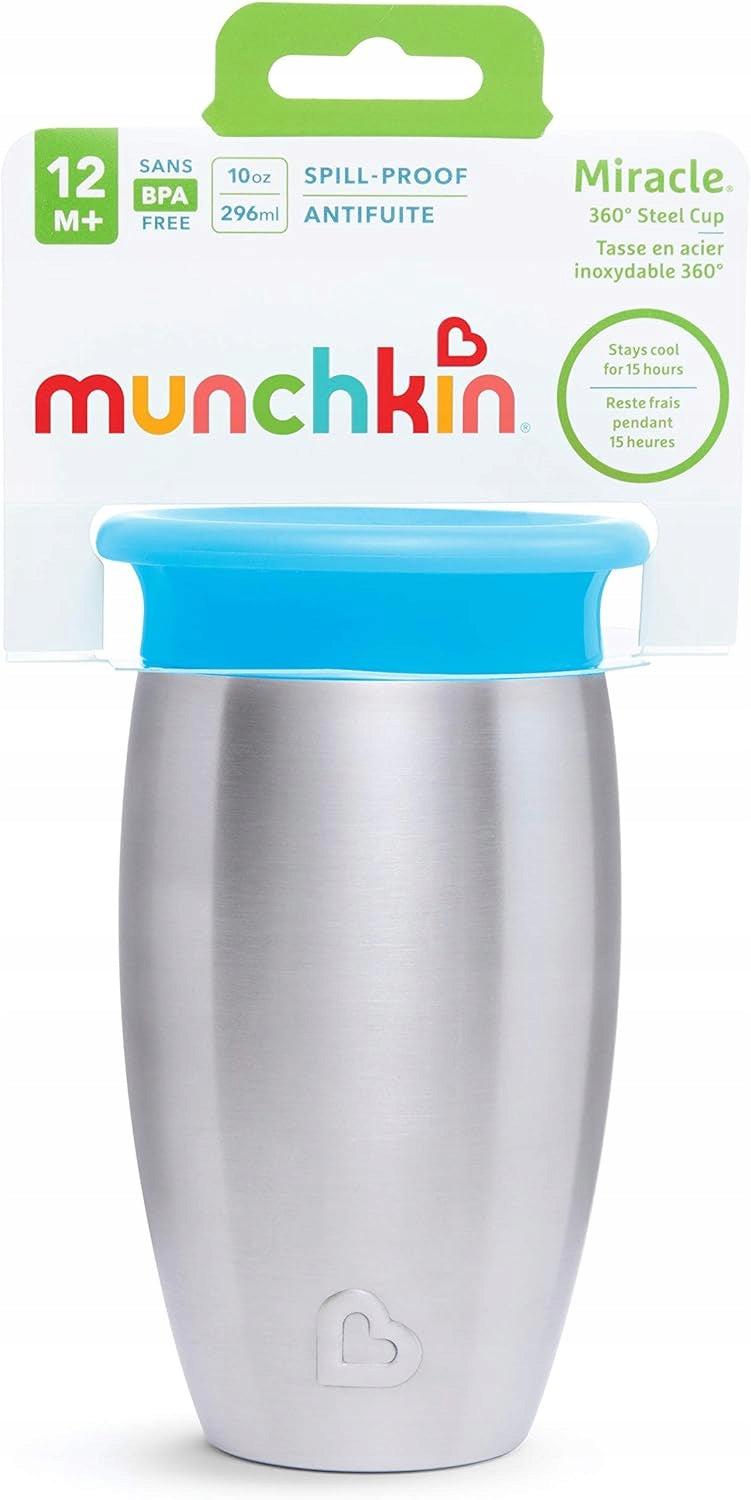 MUNCHKIN Miracle kubek 360 6msc+ 296ml stal nierdzewna, niebieski kubek 12M+ BPA free, spill-proof