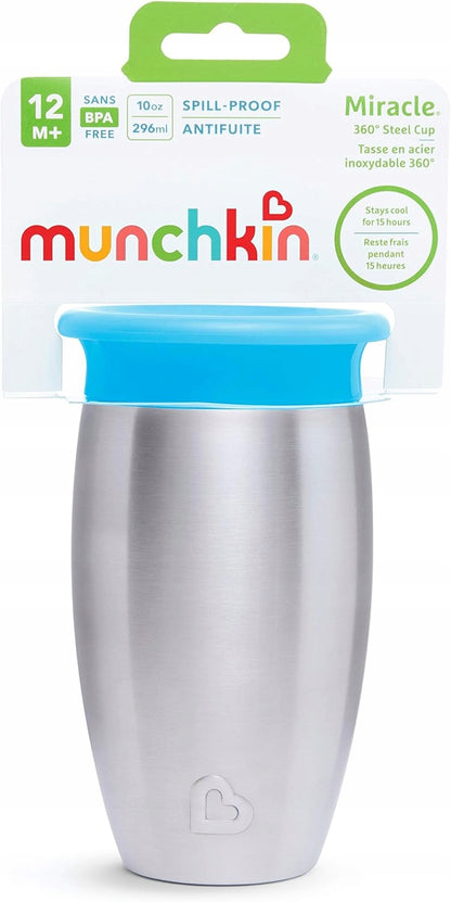 MUNCHKIN Miracle kubek 360 6msc+ 296ml stal nierdzewna, niebieski kubek 12M+ BPA free, spill-proof
