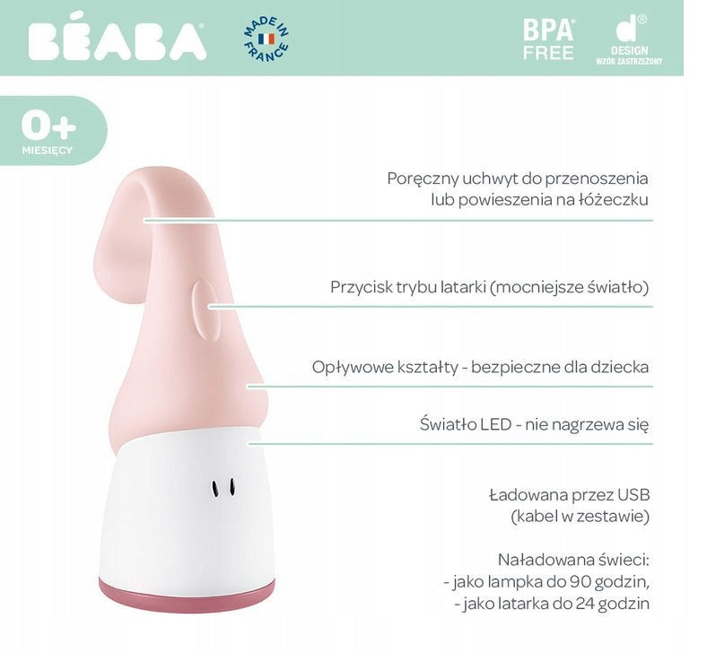 BEABA Pixie 2w1 latarka przenośna lampka nocna LED różowa, USB, 0+ miesięcy, BPA free