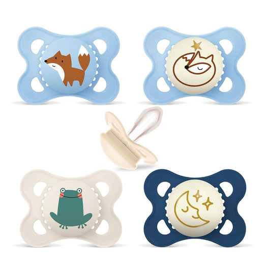 MAM Original smoczki uspokajające Day&Night 0-6m x4 ŚWIECĄCE, zestaw ze wzorami zwierząt, do snu i uspokajania