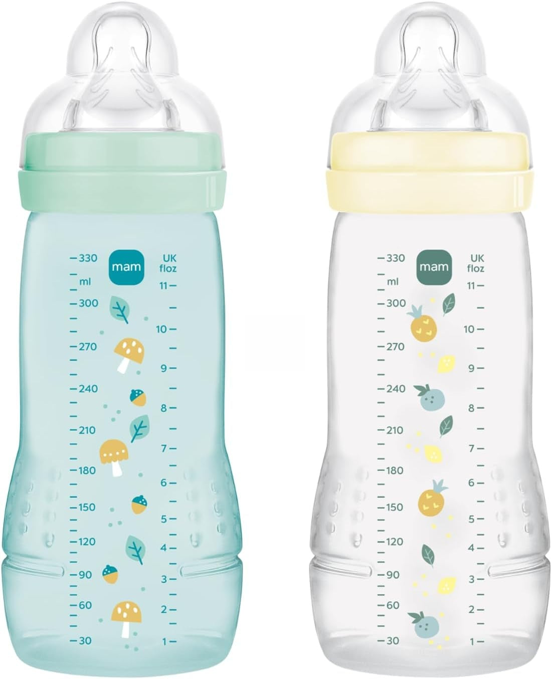 MAM Easy Active zestaw butelek 2x 330 ml 6 m+ smoczek 4 bardzo szybki, dwie butelki MAM w kolorach beżowym i turkusowym