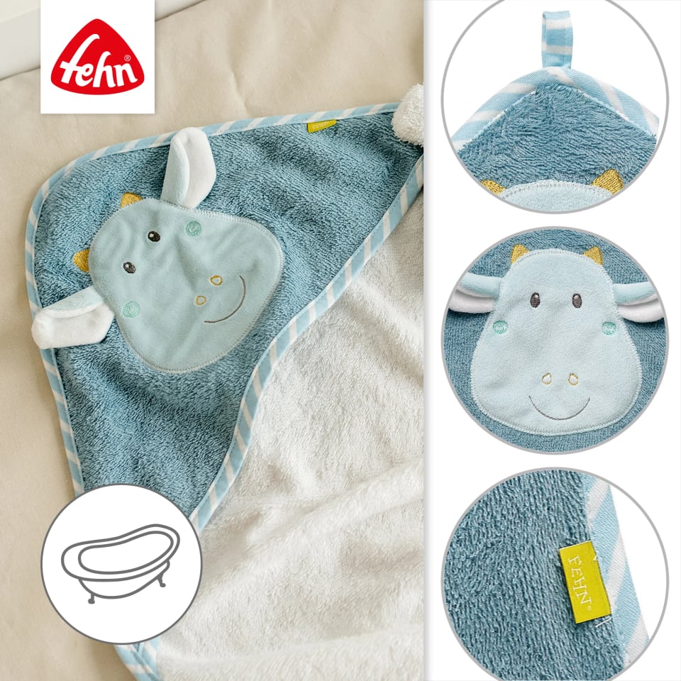 Fehn Little Castle ręcznik smok oraz zbliżenia kaptura i materiału
