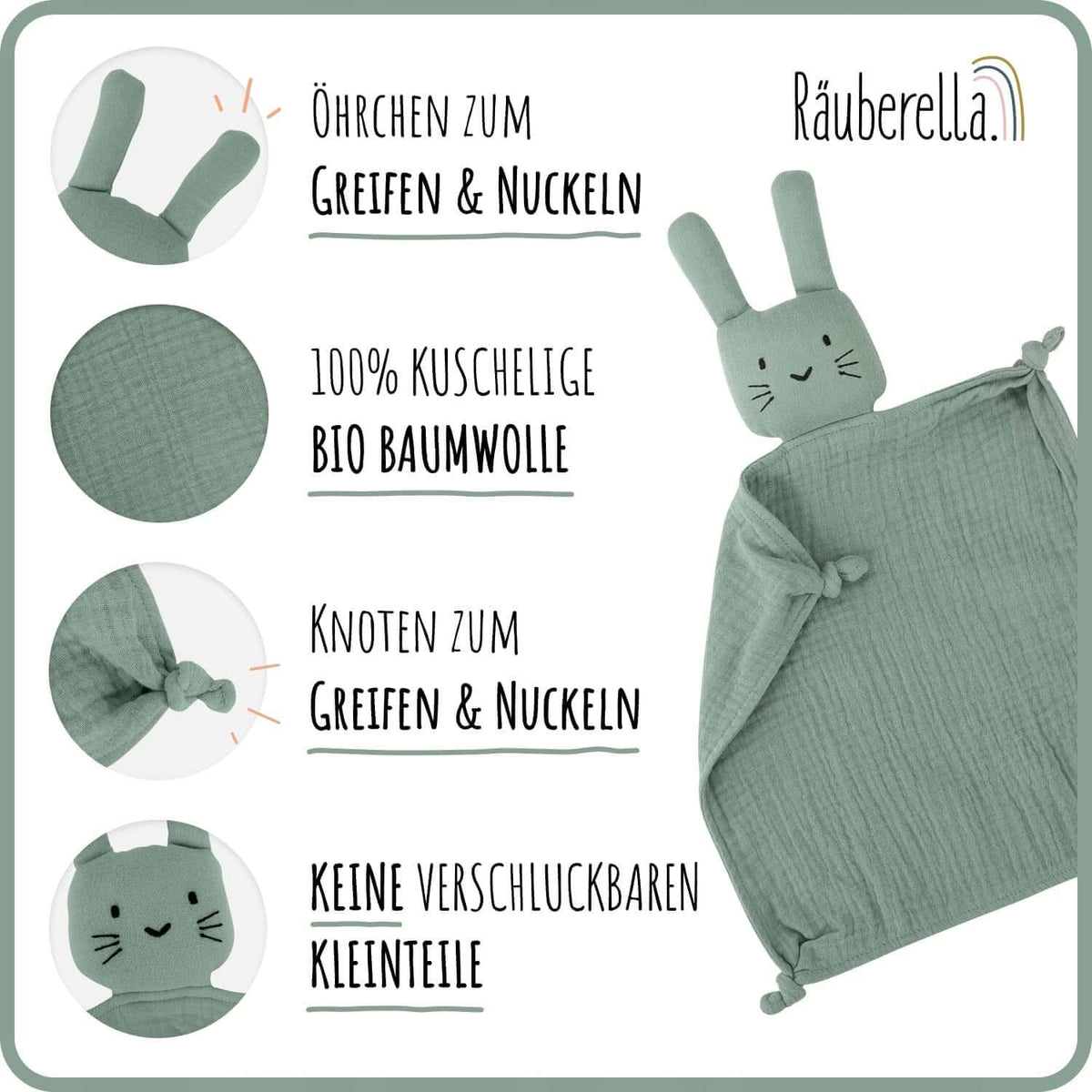 NUDU BABY zestaw muślina KOMFORTER śliniak GRYZAK, zielony, bawełna organiczna 0+