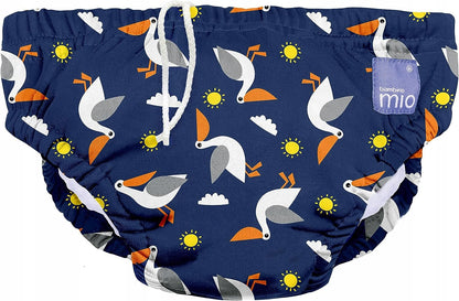 BAMBINO MIO pielucha do pływania 0-6msc niebieska z wzorem ptaków, lekka i wodoodporna