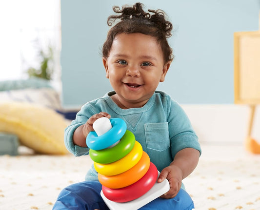 FISHER-PRICE Rock-a-Stack piramida 5 kółek 21 cm, kolorowa zabawka dla dziecka z układanką na kołyszącej podstawie