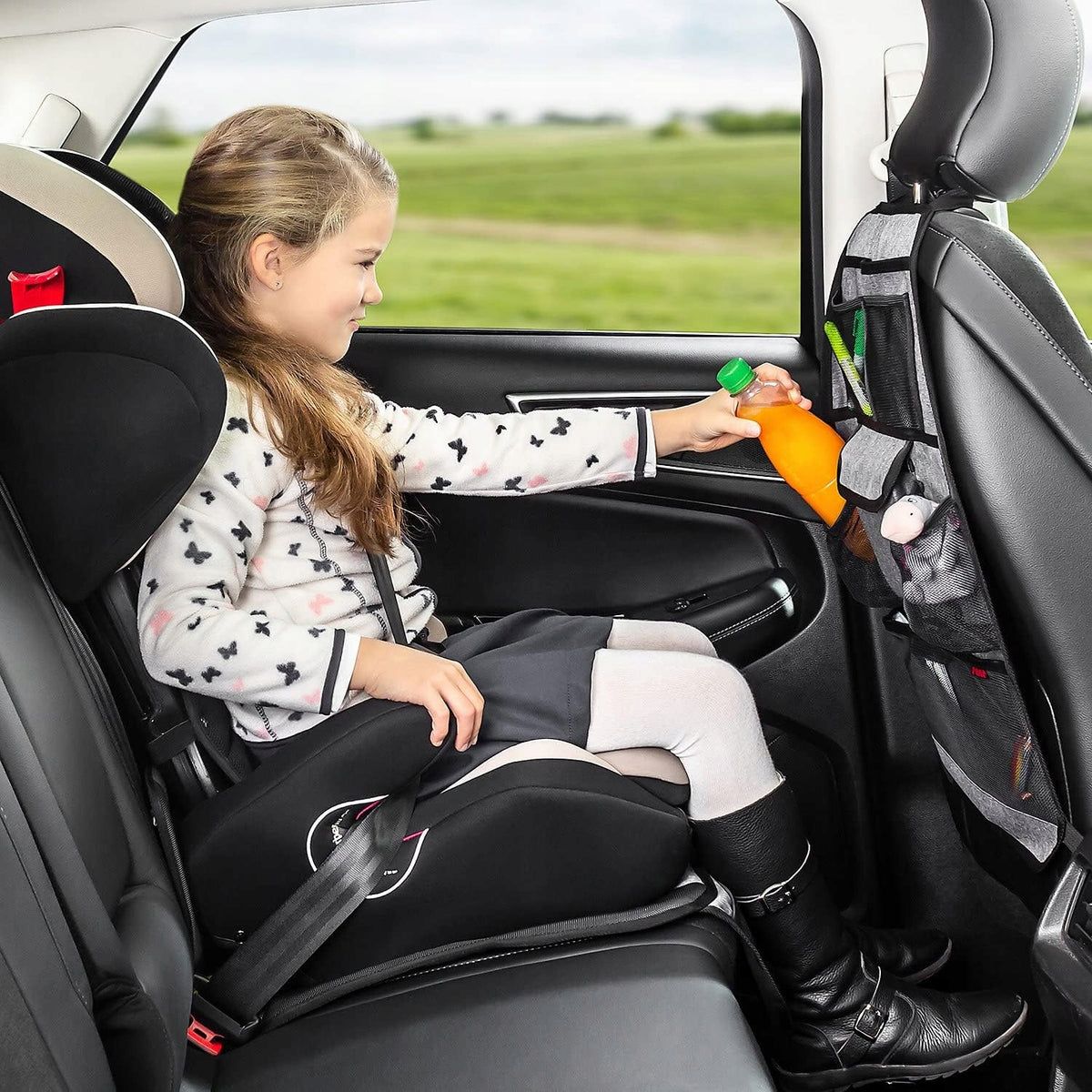 REER TravelKid Tidy organizer samochodowy 6 kieszeni, szary organizer na fotel dla dziecka z 6 kieszeniami