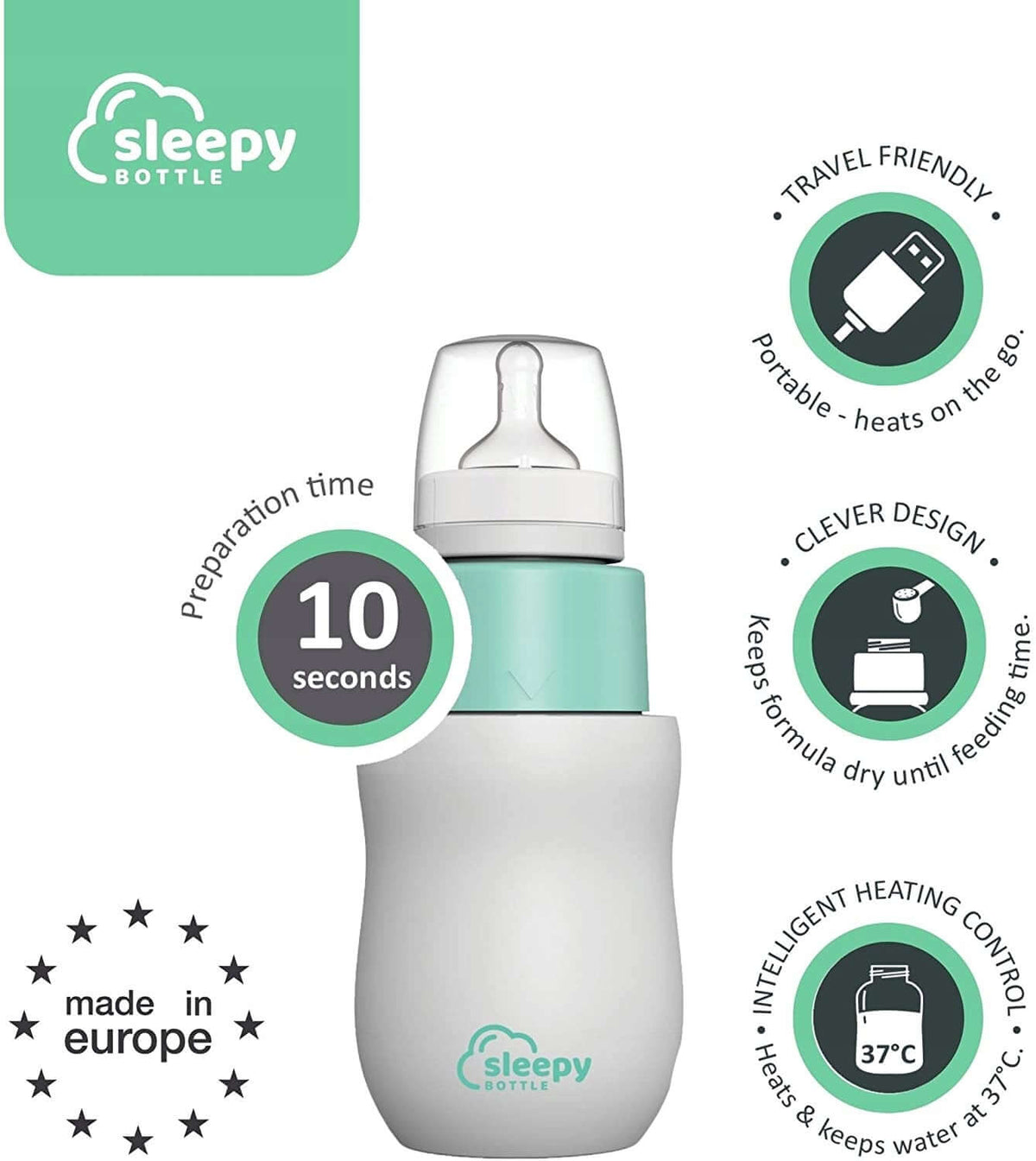 SLEEPY BOTTLE zestaw startowy podgrzewacz z butelki, biało-miętowy, przenośny do przygotowania mleka w 10 sekund