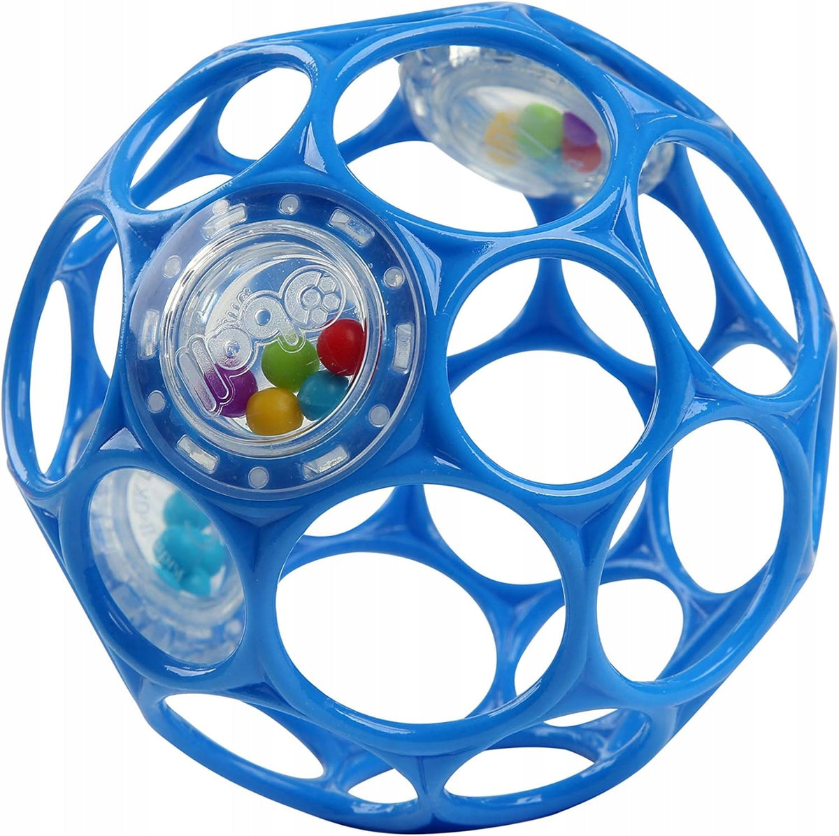 BRIGHT STARTS Oball Rattle silikonowy chwytak gryzak z grzechotką 10 cm, niebieski, BPA free