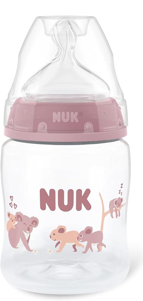 NUK First Choice butelka 150 ml smoczek S wolny przepływ 0+ KOALA, różowa butelka antykolkowa