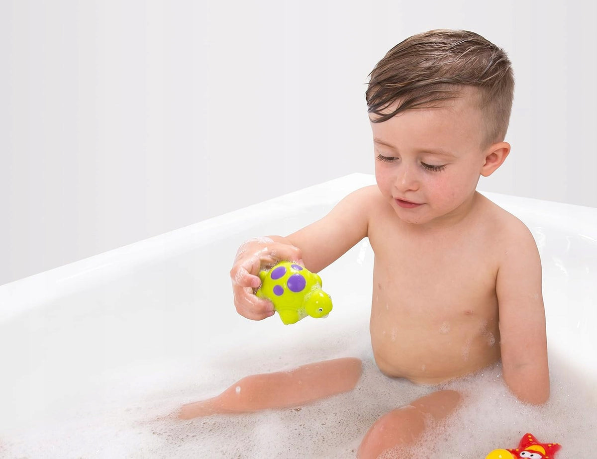 PLAYGRO 3 zabawki do kąpieli + siatka do przechowywania z przyssawką, kolorowa kąpielowa zabawka dla dzieci