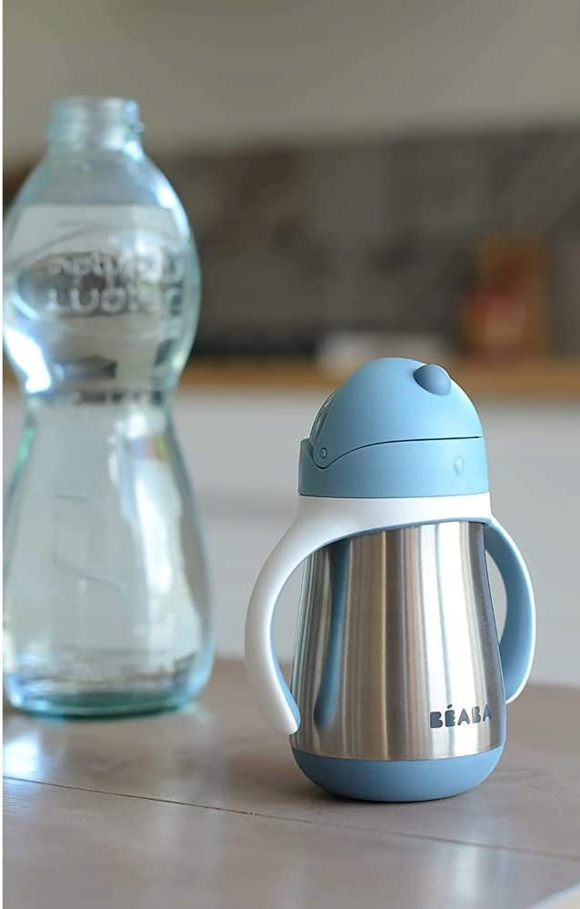 BEABA kubek niekapek ze słomką STALOWY 250 ml, niebieski kubek ze stali nierdzewnej