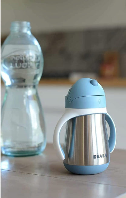 BEABA kubek niekapek ze słomką STALOWY 250 ml, niebieski kubek ze stali nierdzewnej