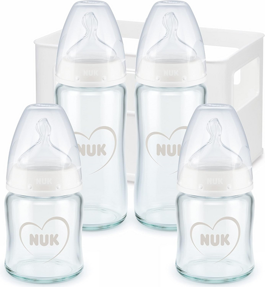 NUK First Choice+ zestaw startowy 4 SZKLANE butelki + koszyk organizer 0-6 m