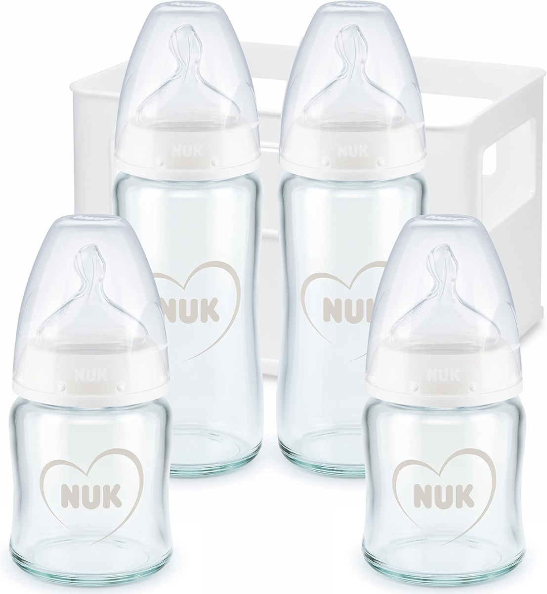 NUK First Choice+ set iniziale 4 BOTTIGLIE IN VETRO + cestino organizer 0-6 m