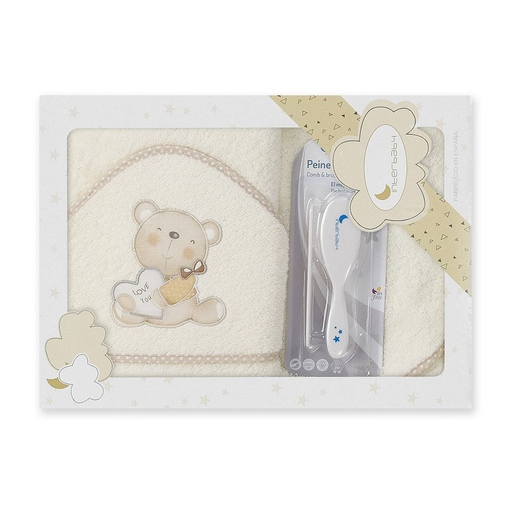 Interbaby Love You asciugamano con cappuccio color crema 100x100 cm