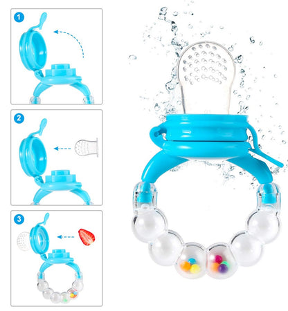 KOSHINE set includes fruit feeder x2, nipples x5, spoon with container x1, pacifier clip x1
