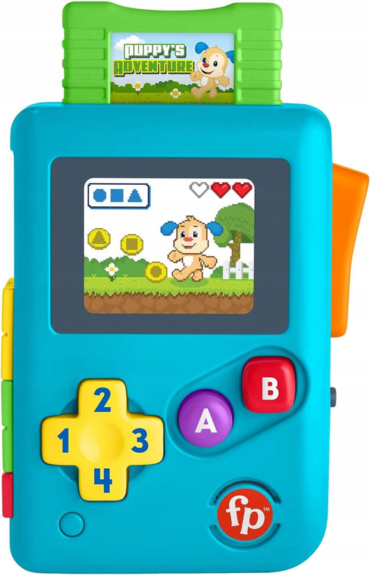 FISHER-PRICE Lil Gamer interaktywna konsola retro J.NIEMIECKI, niebieska zabawka edukacyjna z przyciskami A B i 1-4