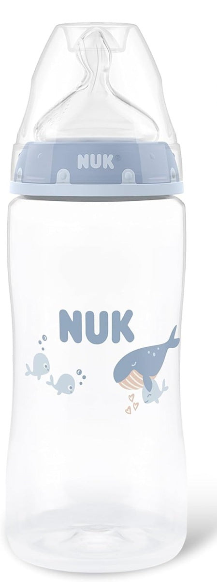 NUK First Choice butelka 300 ml smoczek M średni przepływ 3 m+ WIELORYB, przezroczysto-niebieska