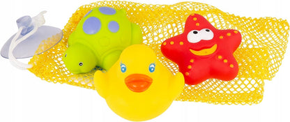 PLAYGRO 3 zabawki do kąpieli + siatka do przechowywania z przyssawką – żółw, kaczka i rozgwiazda