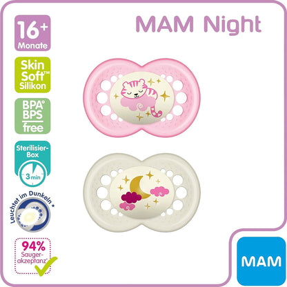 MAM ORIGINAL NIGHT smoczek uspokajający x2 16m+ świecący w ciemności, ortodontyczny, silikonowy, BPA/BPS free