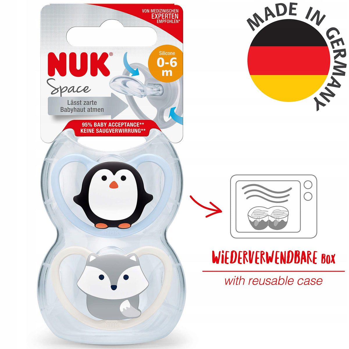 NUK Space πιπίλα σιλικόνης x2 0-6 μηνών +θήκη