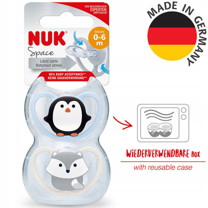 NUK Space πιπίλα σιλικόνης x2 0-6 μηνών +θήκη