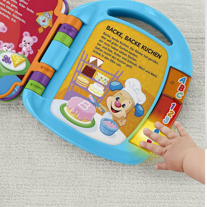 FISHER-PRICE CDH40 elektroniczna książeczka edukacyjna JĘZYK NIEMIECKI, niebieska, dla dzieci 6 m+