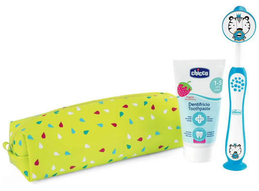 CHICCO zestaw szczoteczka do zębów z przyssawką i pasta truskawkowa + etui