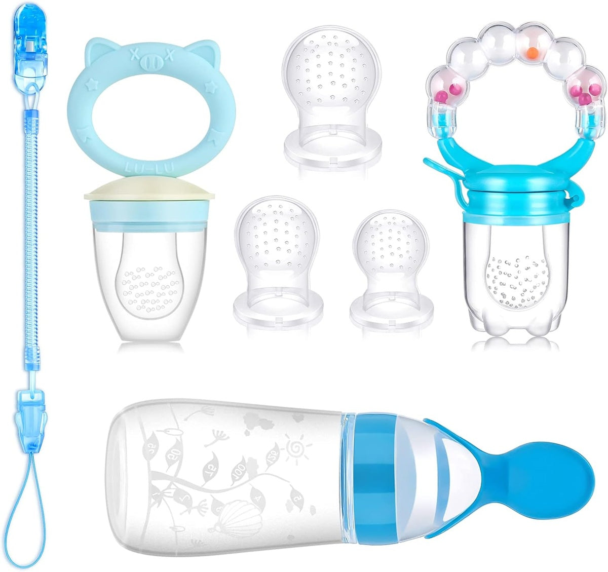KOSHINE set includes fruit feeder x2, teats x5, spoon with container x1, pacifier chain x1