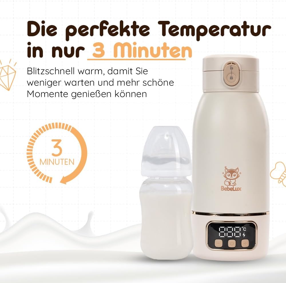 BEBELUX BebeWarm podgrzewacz PODRÓŻNY USB 3' do butelki, szybkie podgrzewanie w 3 minuty, leak-proof