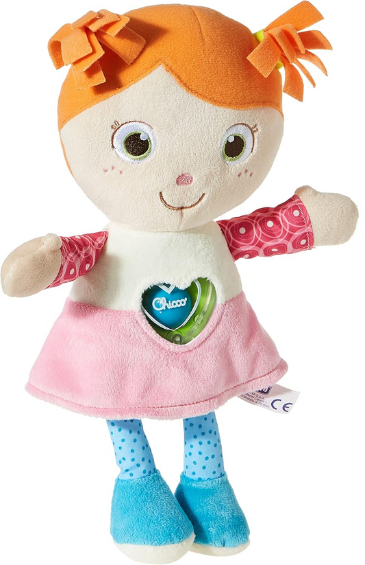 CHICCO Păpușă Emily din pluș, jucărie de îmbrățișat cu zornăitoare în inimioară, 26 cm