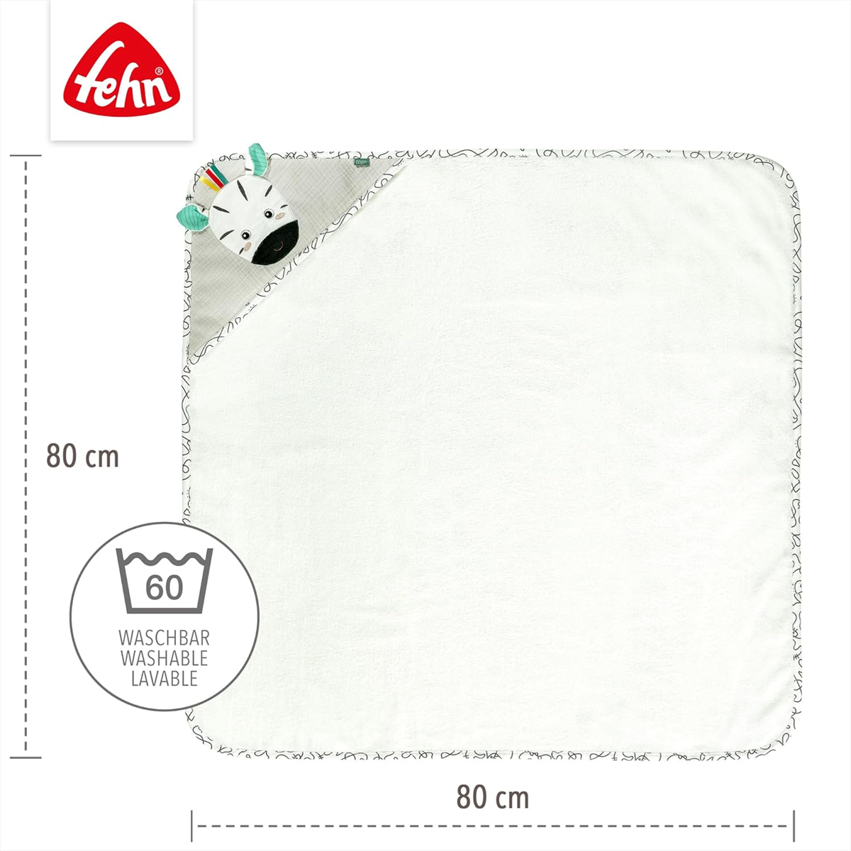 FEHN asciugamano con cappuccio zebra 80x80 cm
