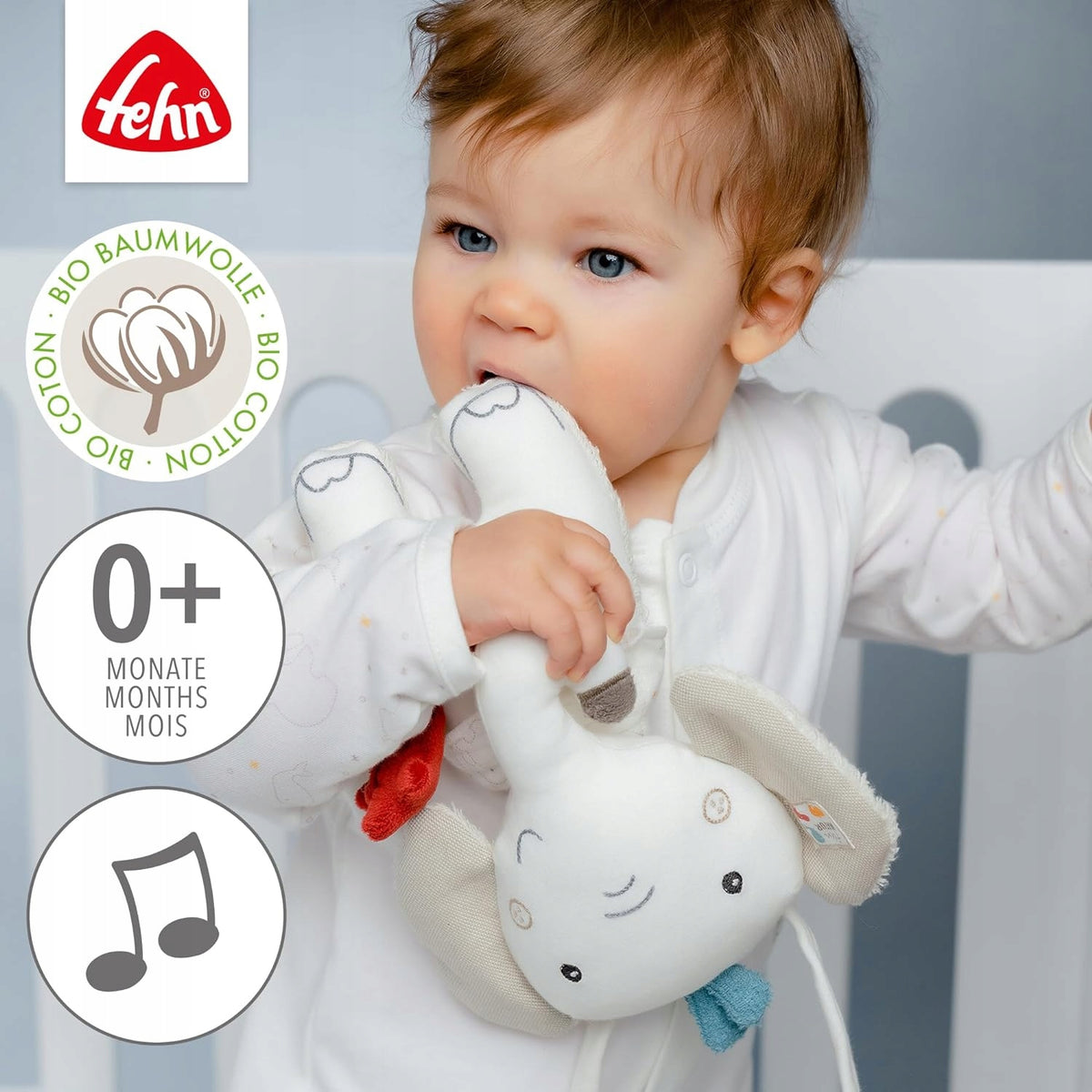 FEHN NATURE pluszowy Słoń BioBawełna 24cm, ekologiczna przytulanka 0+ z melodią