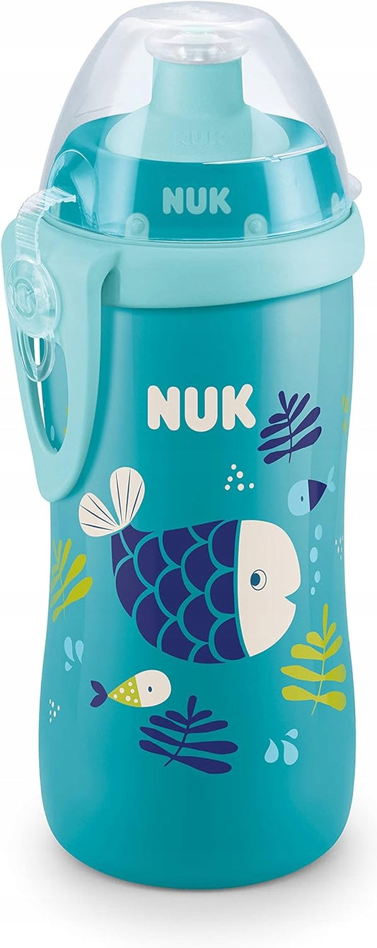 NUK Junior Cup BUTELKA 18 m+ ustnik push-pull 300 ml EFEKT KAMELEONA, niebieska butelka z rybką