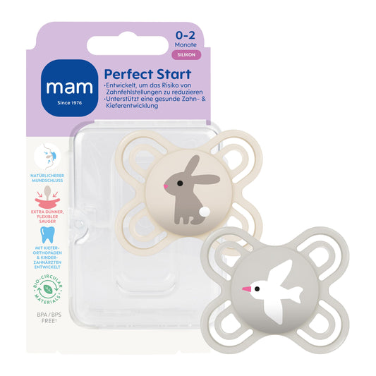 MAM Perfect Start smoczek uspokajający silikonowy 0-2m x2 z króliczkiem i ptaszkiem