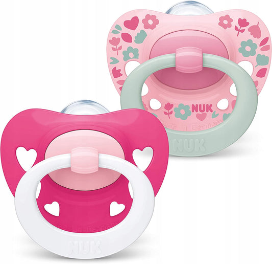 NUK SIGNATURE smoczek uspokajający x2 18-36msc różowy silikonowy BPA-free z pudełkiem, zestaw 2 sztuki