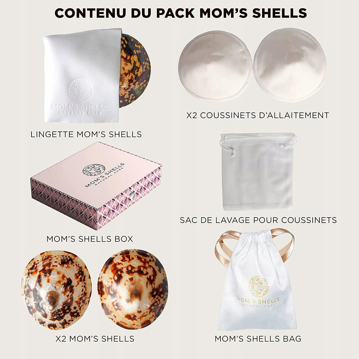 MOM'S SHELLS nakładki muszle z masą perłową rozm. S zestaw z 2 muszlami, wkładkami i woreczkiem