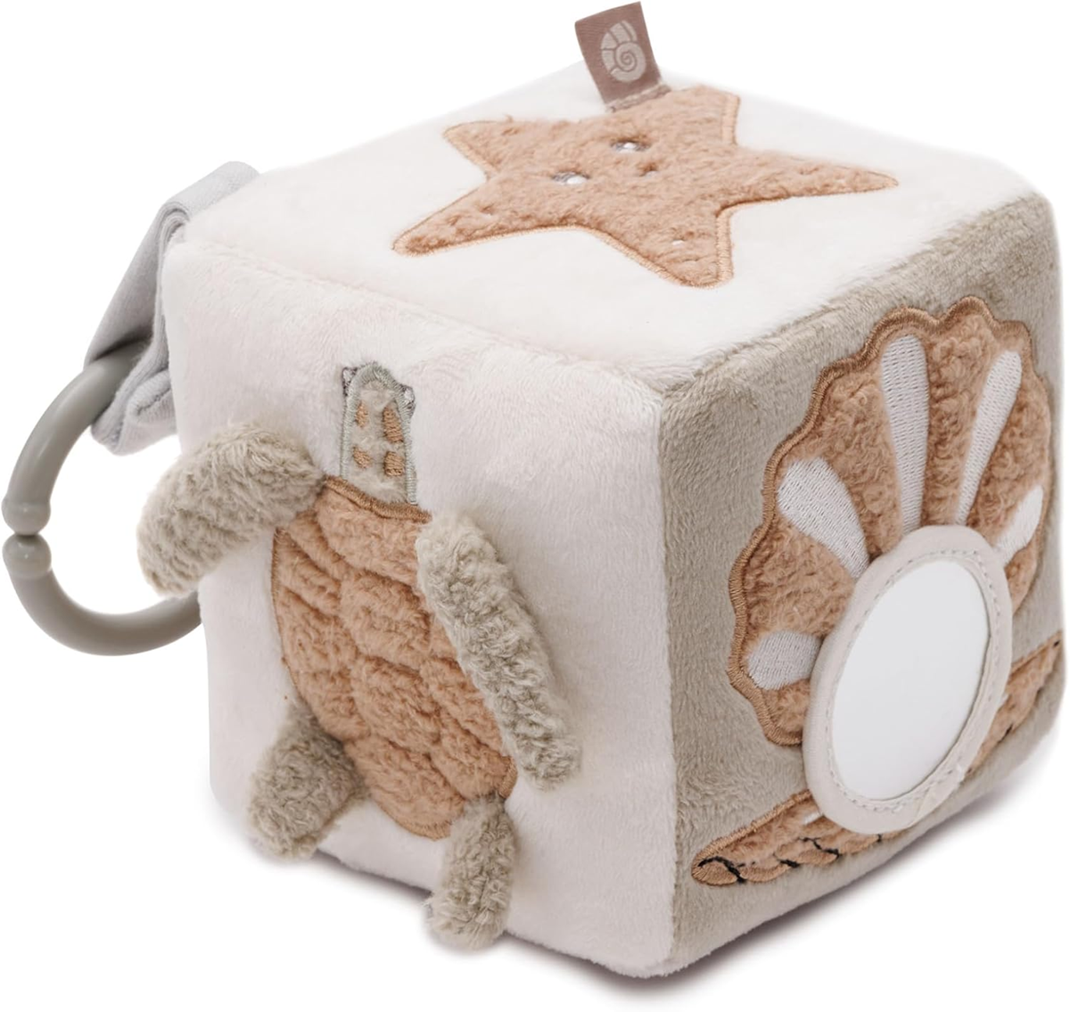 JOLLEIN Cubo Attività peluche, cubo sospeso con sonaglio e specchietto 11x11 cm