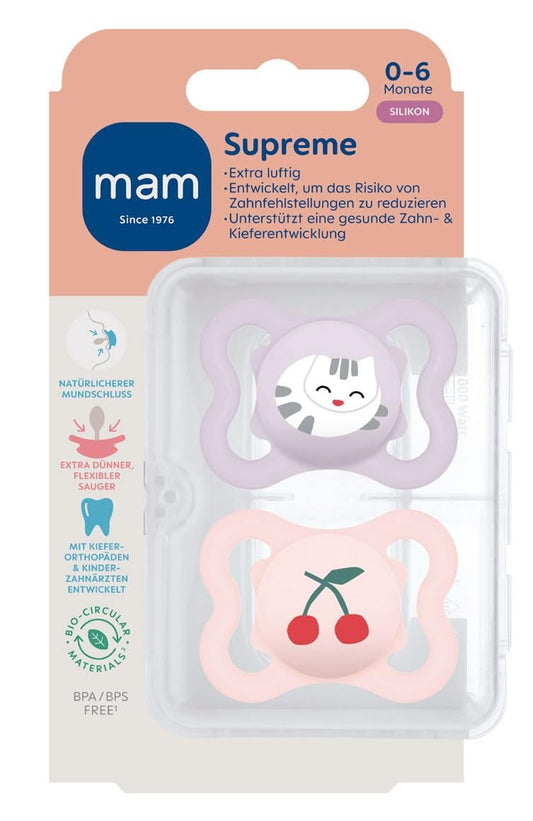 MAM Supreme smoczek uspokajający silikonowy 0-6 m x2, zestaw 2 smoczków dla niemowląt 0-6 miesięcy
