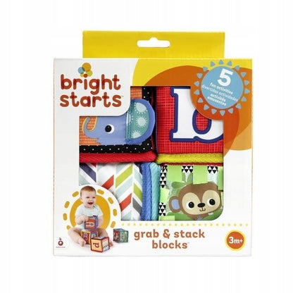 BRIGHT STARTS miękkie klocki edukacyjne GRAB & STACK, kolorowe sensoryczne klocki dla dzieci 3 msc+